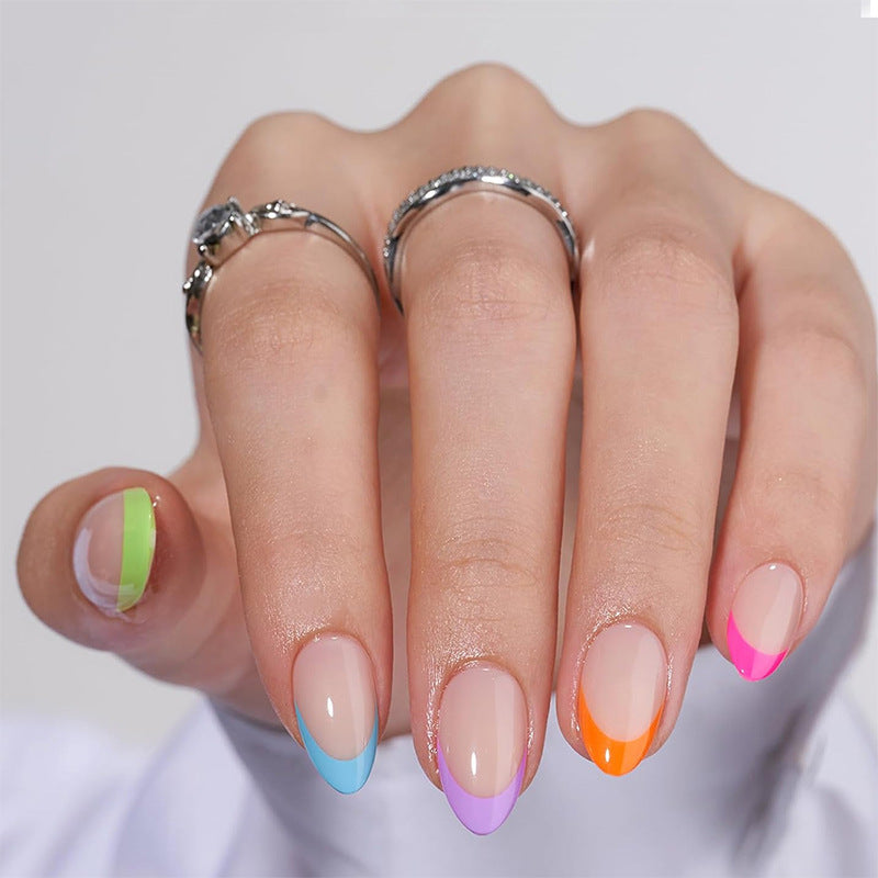 Vibrant Rainbow French Almond Medium Press On Nail Set in Transparent Pink Blue Green Lavender and Orange with Unique Colorful Tips