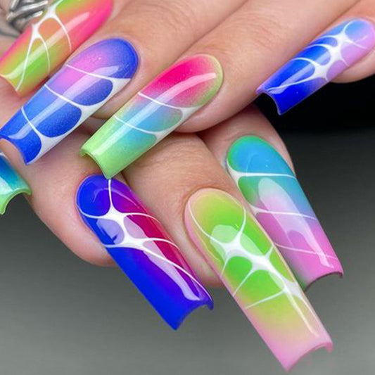 Rainbow Dreams Long Coffin Press on Nail Set Ombre Design with Colorful Swirls