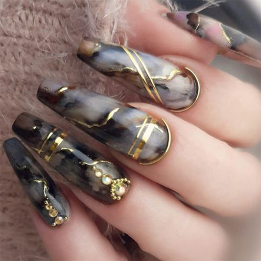 Mystical Elegance Coffin Press On Long Nails in Marbled Black and Gold with Jewel Accents