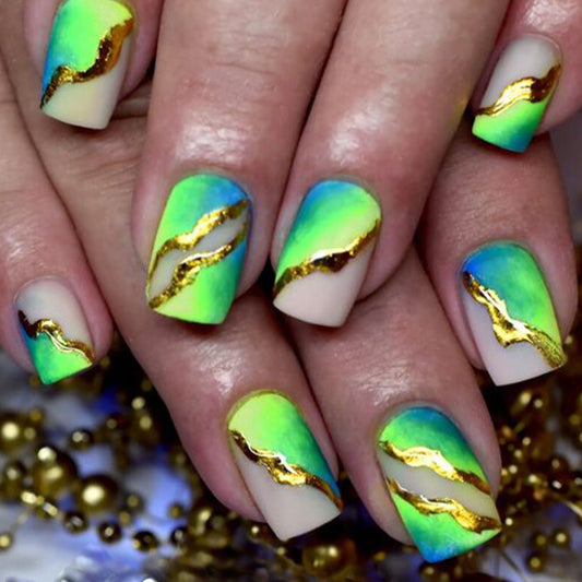 Tropical Paradise Square Press On Nail Set 24 Medium Green and Blue with Gold Wave Design