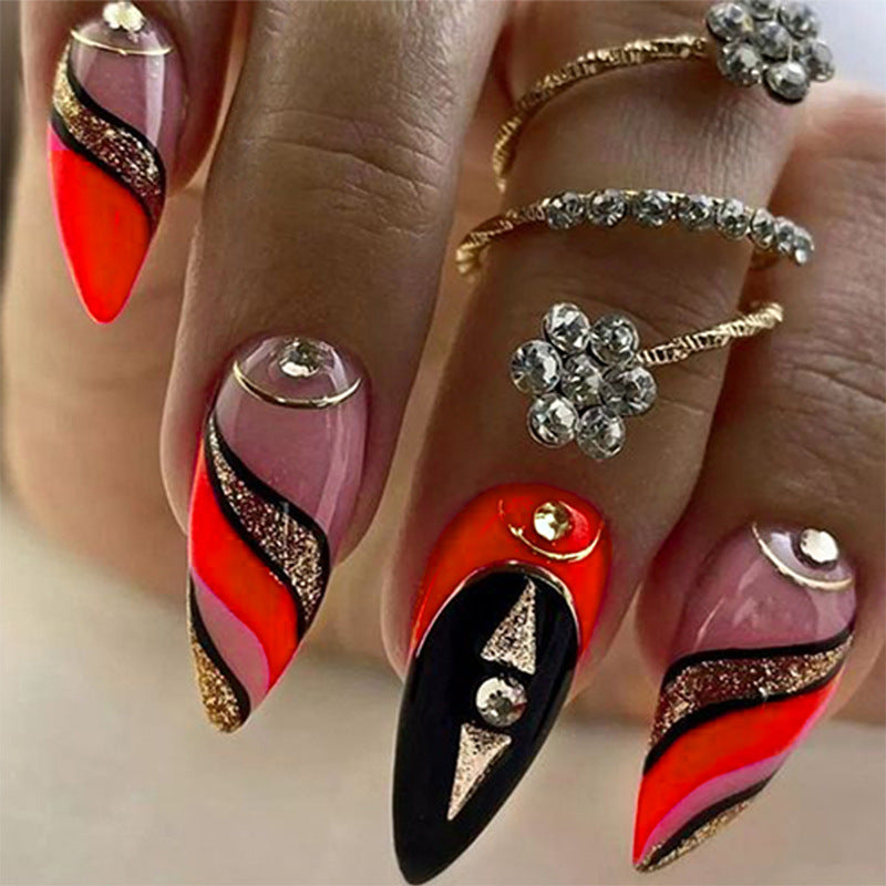 Bold Glamour Long Stiletto Press On Nail Set Red and Black with Unique Glitter Waves Design