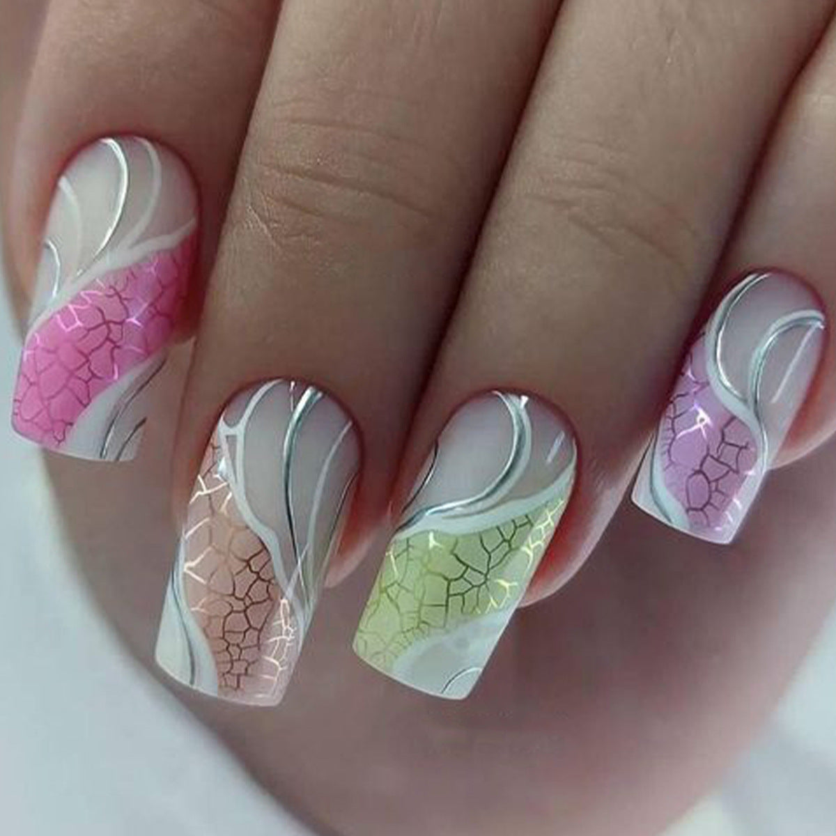 Ocean Breeze Long Square Press On Nail Set in Pastel Pink Green and White with Iridescent Wave Design