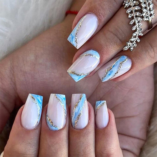 Ocean Breeze Elegant Coffin Press On Long Nail Set in Sky Blue with Unique Gold Swirl Design