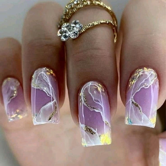 Elegant Serenity Long Square Lavender Marble Press On Nail Set with Gold Foil Accents