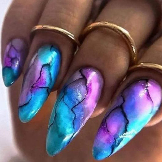 Mystical Ocean Dream Long Almond Blue Purple Marble Crackle Press On Nail Set