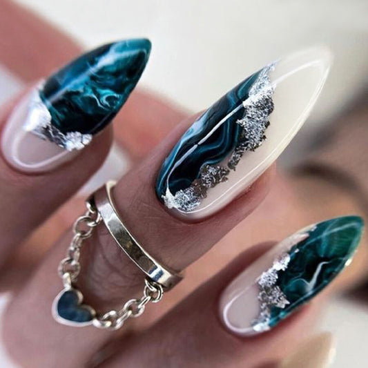 Ocean Waves Emerald Almond Press On Nail Set long shape teal and white with metallic silver accents