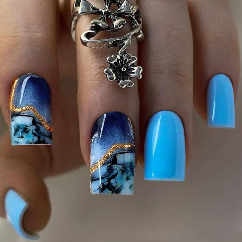 Oceanic Dream Long Square Press On Nail Set in Vibrant Blue with Artistic Marble and Gold Accent