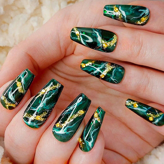 Emerald Galaxy Extra Long Coffin Press On Nail Set in Dark Green with Glittering Gold Accents