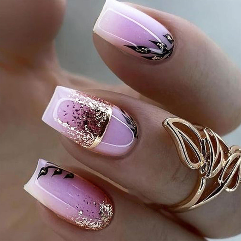 Whimsical Blossom 12 Long Coffin Pastel Purple Ombre Press On Nail Set with Glitter Accents