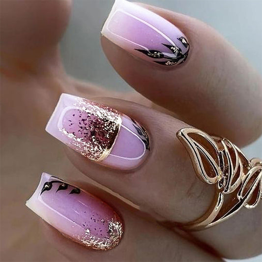 Whimsical Blossom 12 Long Coffin Pastel Purple Ombre Press On Nail Set with Glitter Accents