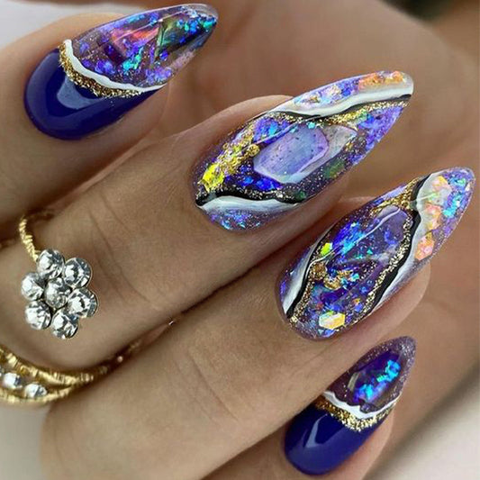 Mystical Galaxy Long Almond Press On Nail Set in Deep Purple with Iridescent Gemstone Accents