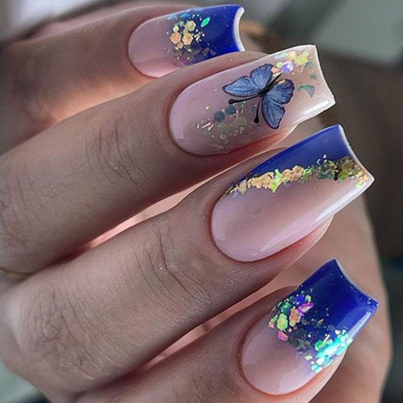 Whimsical Butterfly Dreams Long Square Shape Blue and Pink Press On Nail Set with Glitter Accents and Floral Design