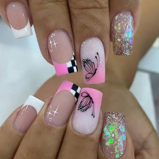 Charming Butterfly Dream Long Square Pink Glitter Press On Nail Set with Holographic Designs and Stunning Artwork