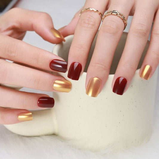 Autumn Elegance Medium Square Maroon and Gold Glossy Press On Nail Set with Chic Metallic Finish