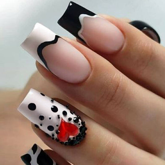 Dotted Romance Extra Long Square Black and White Press On Nail Set with Heart Accent and 3D Detailing