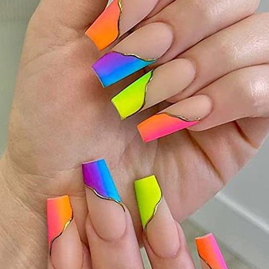 Neon Gradient Long Coffin Press On Nail Set with Gold Wave Accent