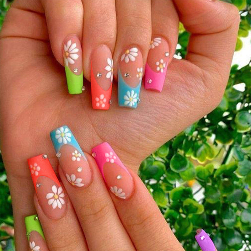 Charming Floral Fantasy Extra Long Coffin Press On Nail Set Multicolor with Elegant Flower Designs and Rhinestone Accents