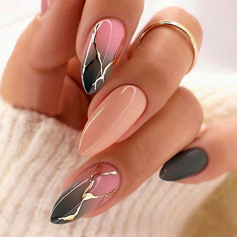 Chic Marble Elegance 8 Long Almond Pink Gray and Gold Accent Press On Nail Set