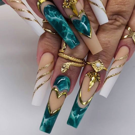 Ocean Treasure Extra Long Coffin Press On Nail Set Teal and White with Gold Accents and Heart Designs