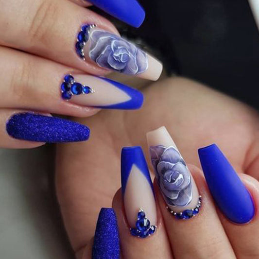 Blue Blossom Dream Long Coffin Press On Nail Set featuring Glitter Texture and Floral Design