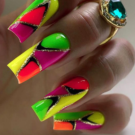 Neon Dream Long Square Press on Nail Set with Bright Multi-Color Design and Gold Accent Lines