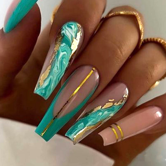 Tropical Paradise Extra Long Coffin Press On Nail Set in Teal and Gold with Marble Accent Design