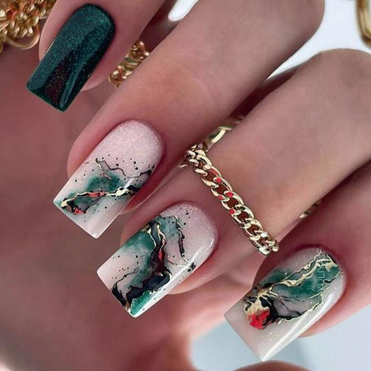 Oceanic Dream Square Press On Nail Set Long Green and White with Marble Design and Gold Accents