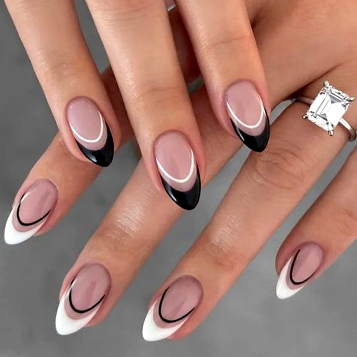 Glamorous Noir Almond Press On Nail Set Long Pink Black and White with Elegant Curved Tips