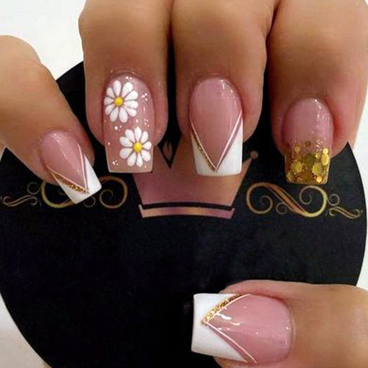 Charming Floral Bliss Long Square Pink Nails with White and Gold Accents and Daisy Designs