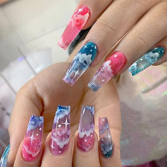 Galaxy Dream Long Coffin Press On Nail Set Pink Blue Ombre with Glitter Accent