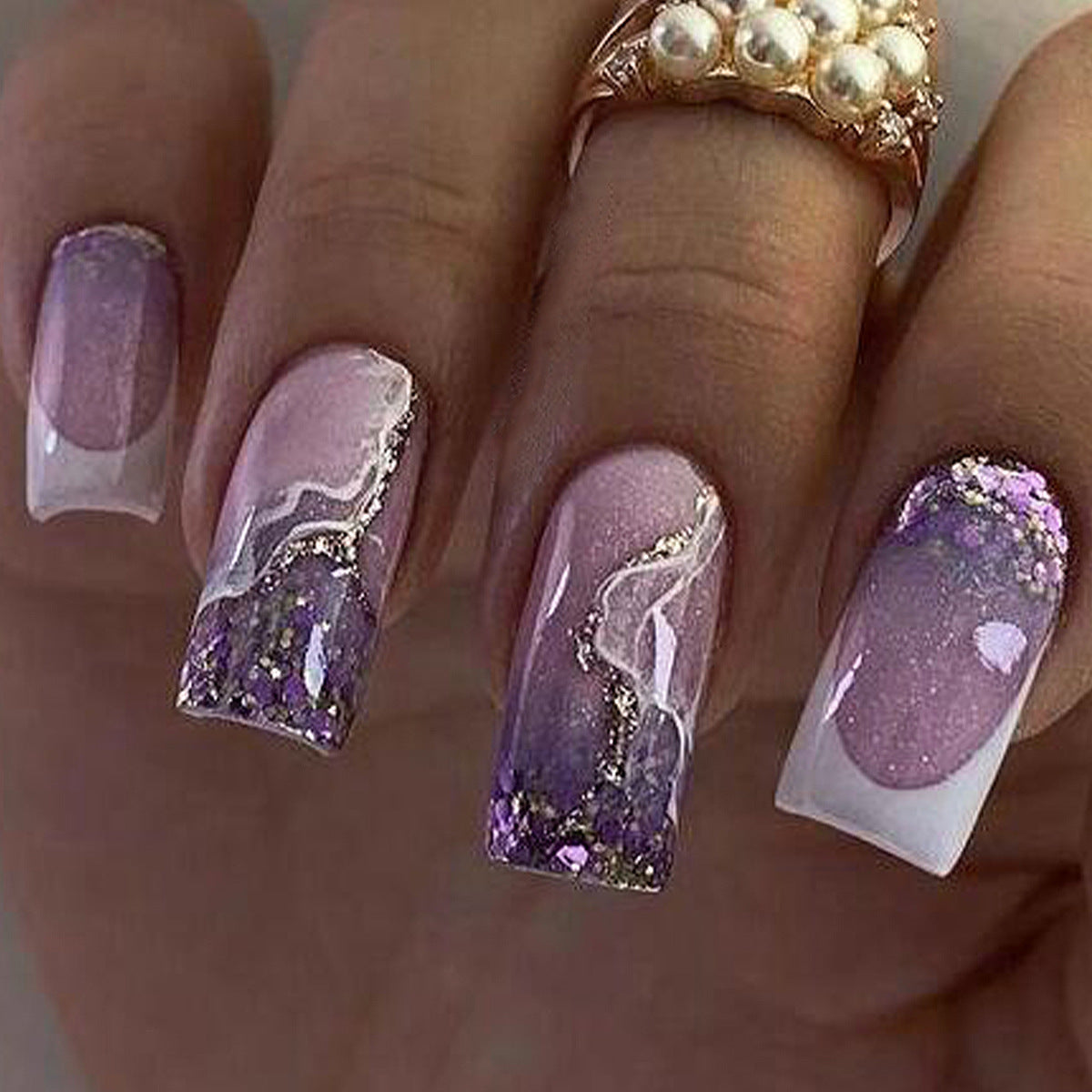 Ethereal Dream Long Square Press On Nail Set in Purple and Pink with Glittering Gold Accents