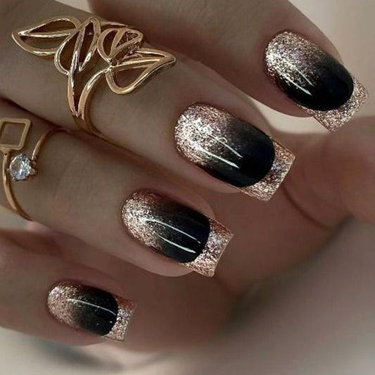 Glamorous Nightfall Long Square Black and Rose Gold Glitter Press On Nail Set with Elegant Shine Finish