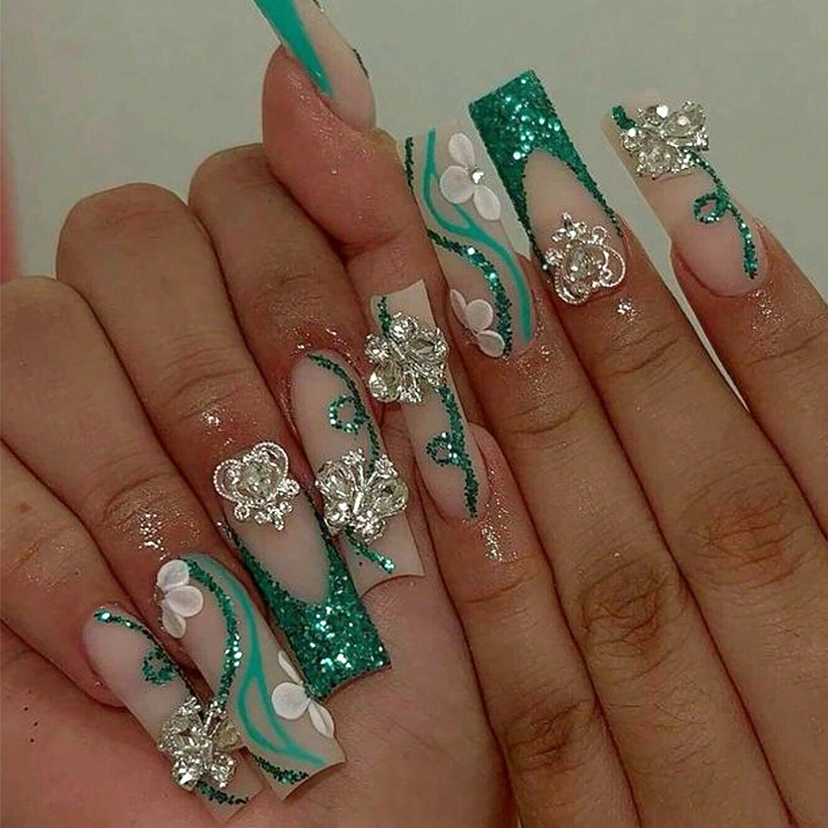 Underwater Fantasy Long Square Press On Nail Set in Teal and Clear with Glitter and Floral Accents