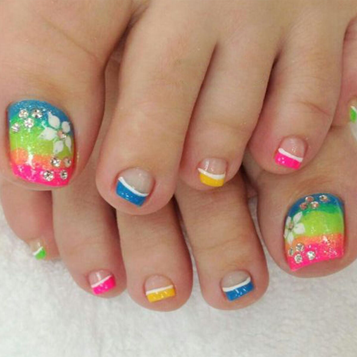 Tropical Paradise Short Square Shaped Multi-Colored Press On Nail Set with Glitter Accent and Floral Design