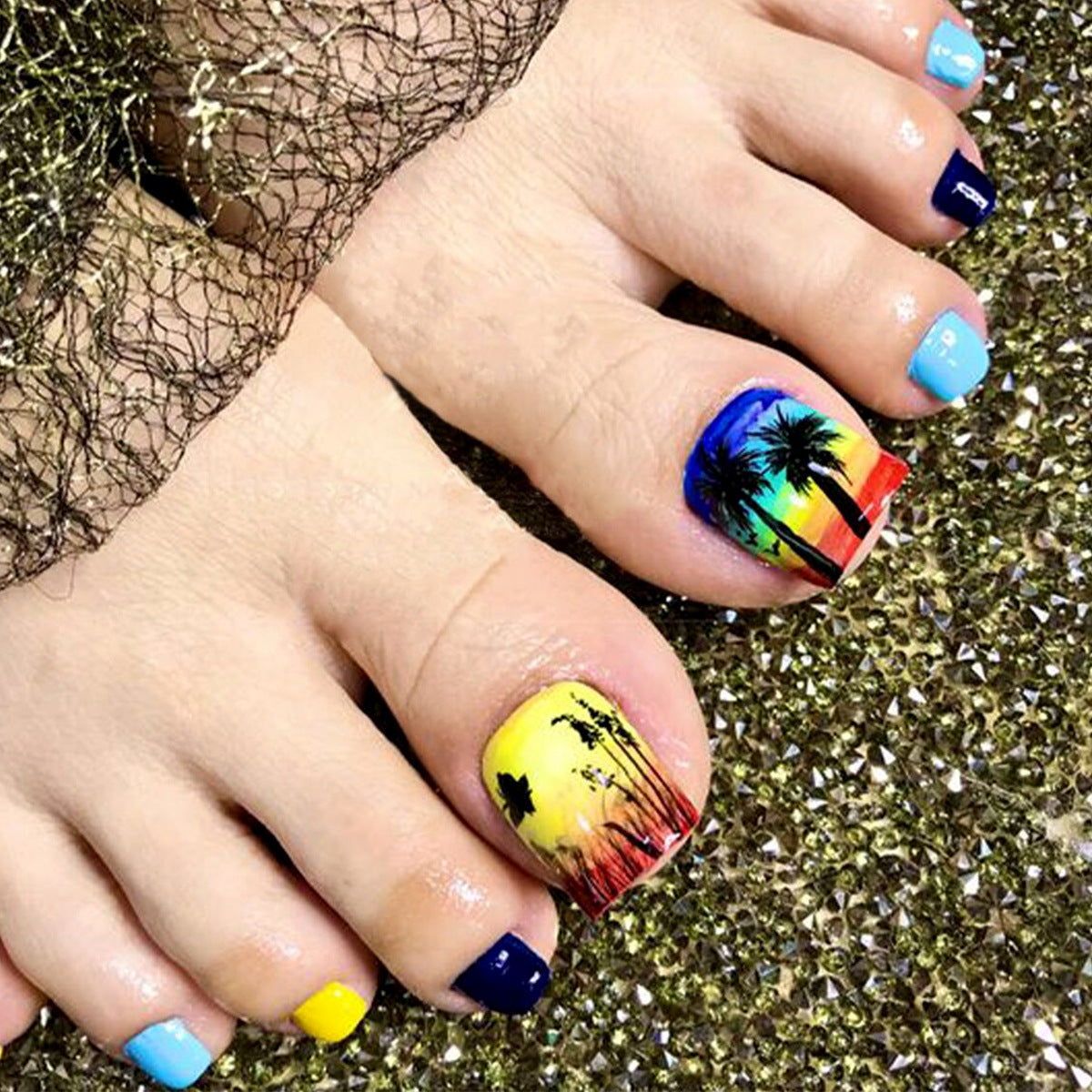 Tropical Paradise Short Square Multicolored Press On Nail Set with Palm Tree Sunset Design