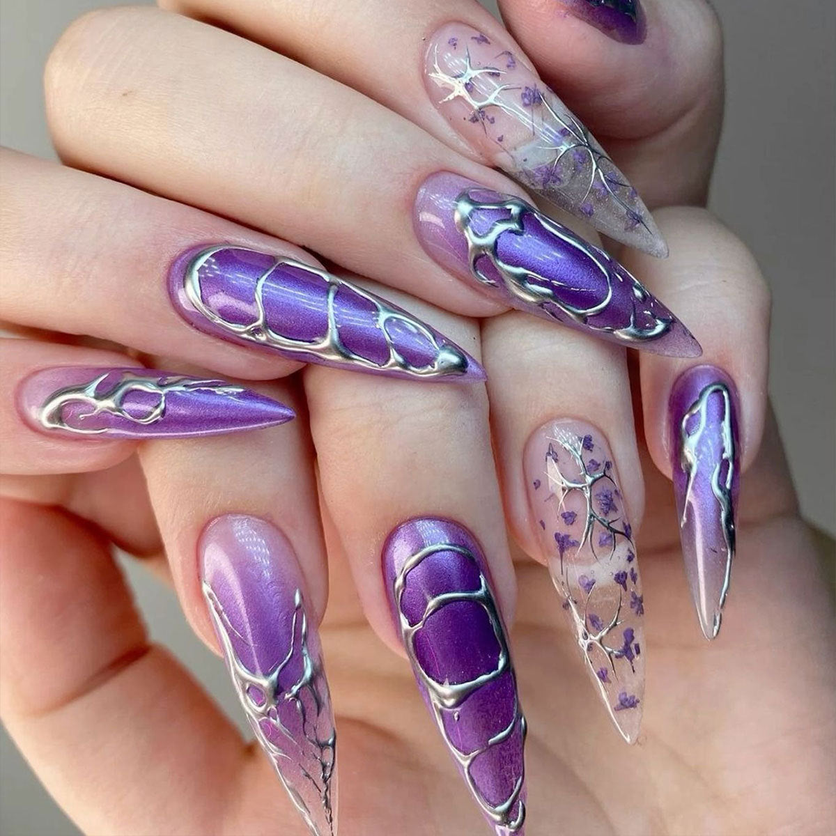 Mystical Lilac Long Stiletto Press On Nail Set with Silver Accents and Floral Design