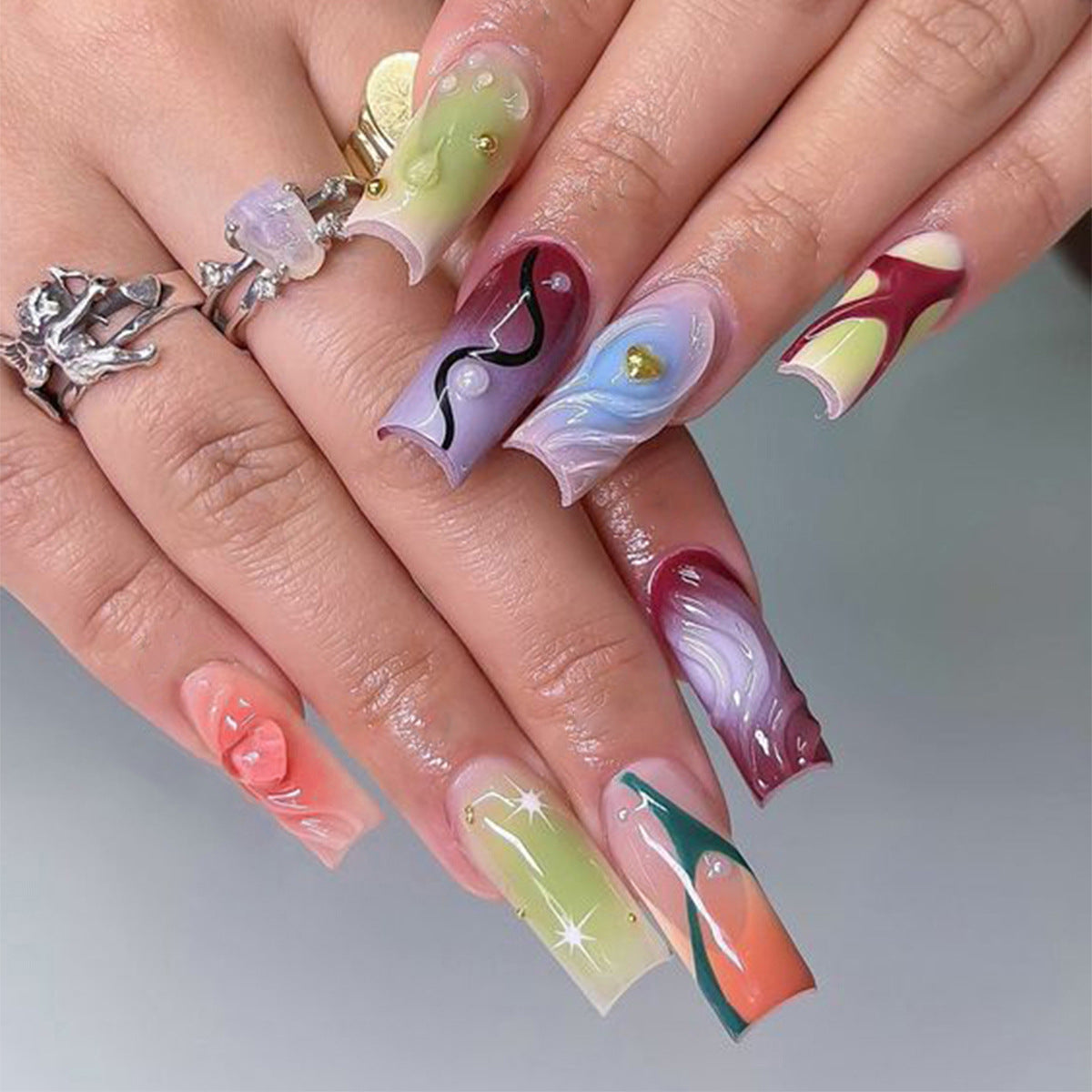 Whimsical Wonderland Long Square Press On Nail Set Multi-Colored Swirls with Gemstone Accents