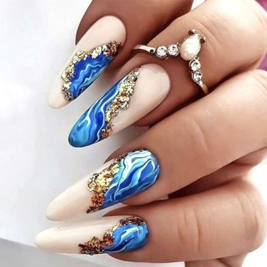 Oceanic Glamour Long Almond Blue and Beige Marble Press On Nail Set with Gold Accents