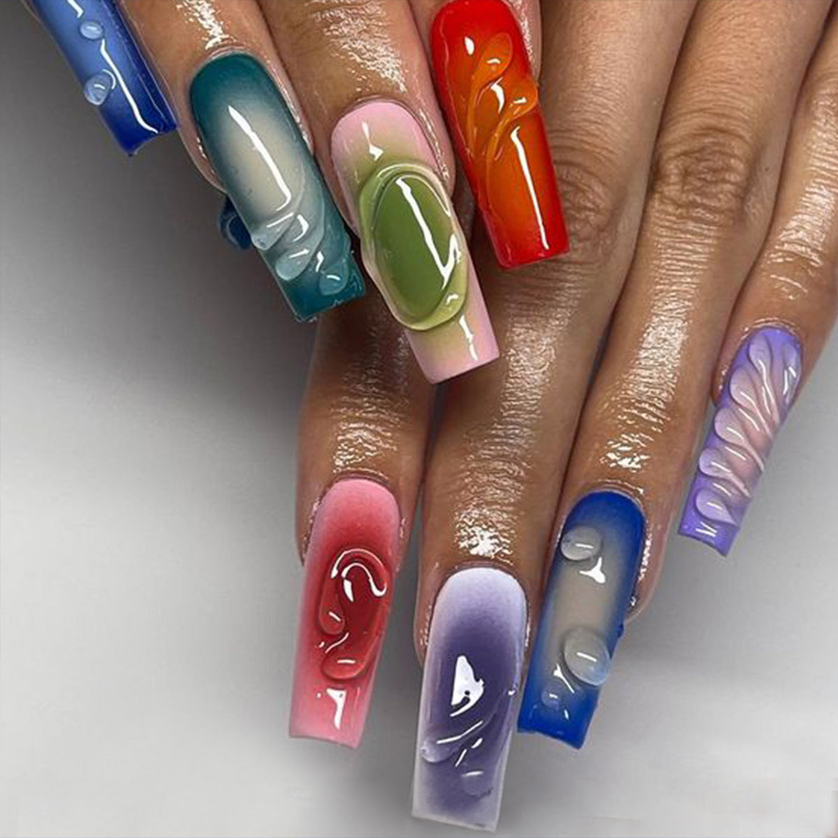 Vibrant Ocean-Inspired Extra Long Square Press On Nail Set with Multicolored Glossy Finish and 3D Swirl Design