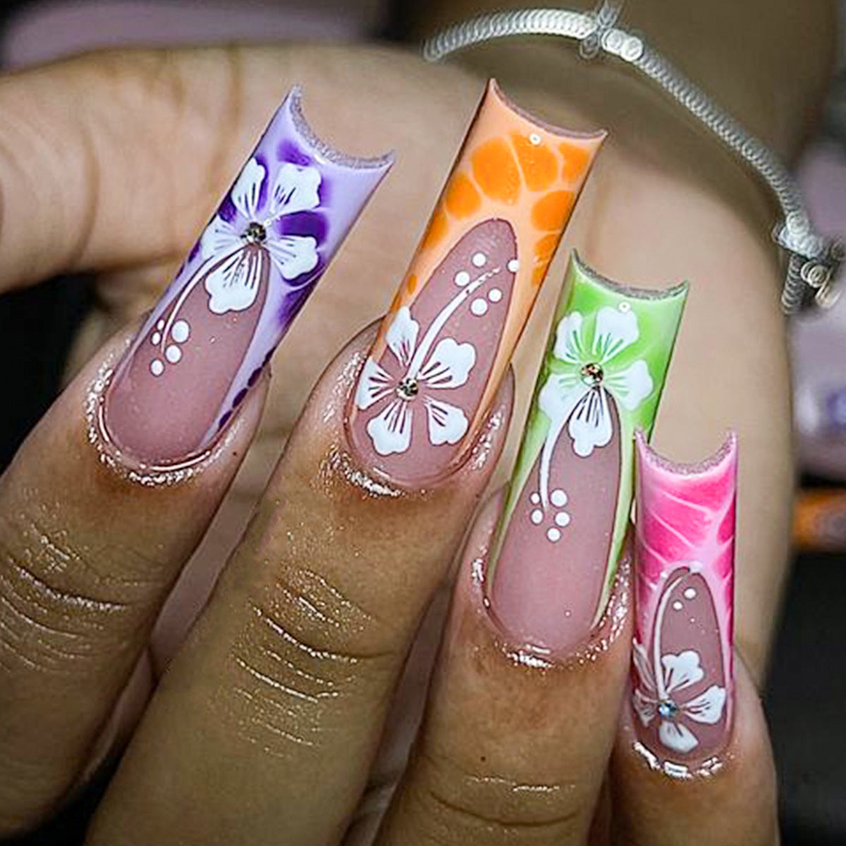 Tropical Paradise Long Square Press On Nail Set with Colorful Floral Designs and Rhinestone Accents