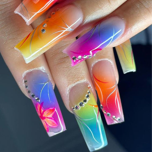 Tropical Paradise Long Square Ombre Gradient Press On Nail Set with Floral Accents and Rhinestone Details