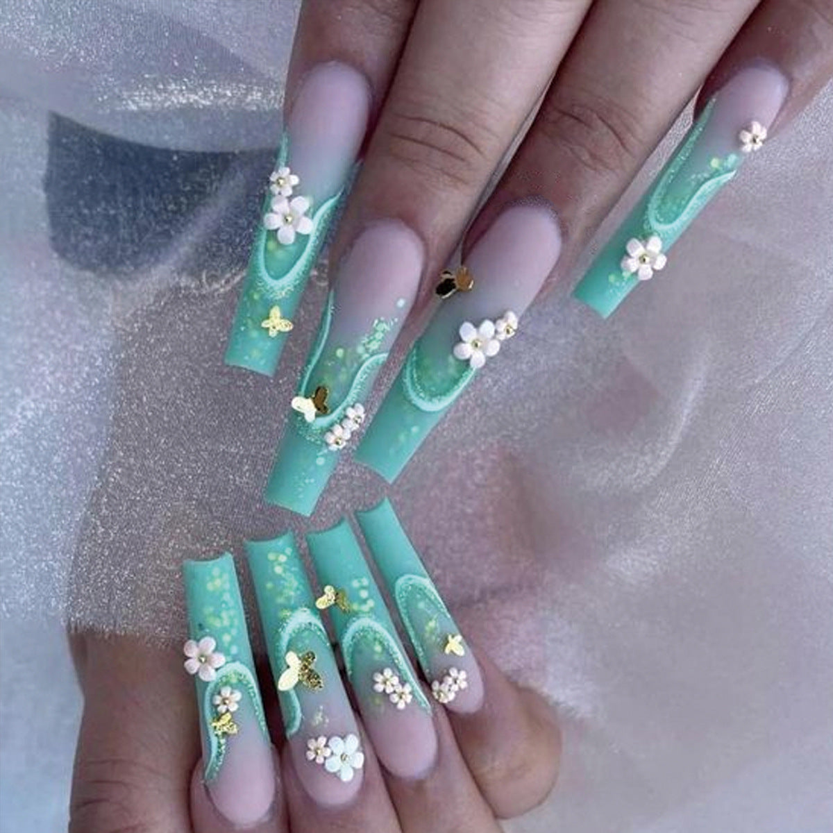 Enchanted Garden Long Coffin Mint Green Floral Press On Nail Set with Gold Accents