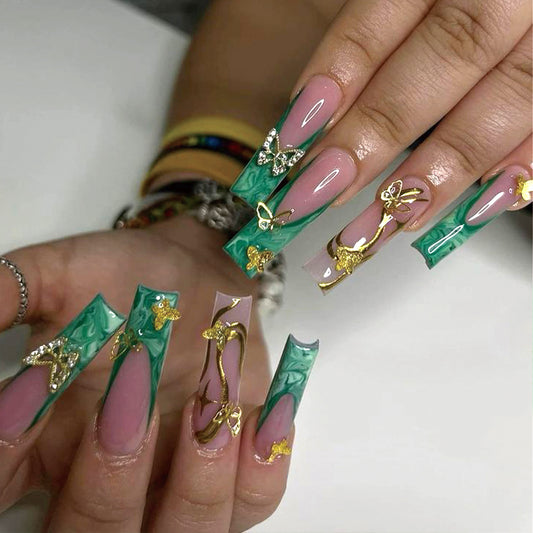 Tropical Escape long square green marble and Beige press on nail set with gold butterfly accents