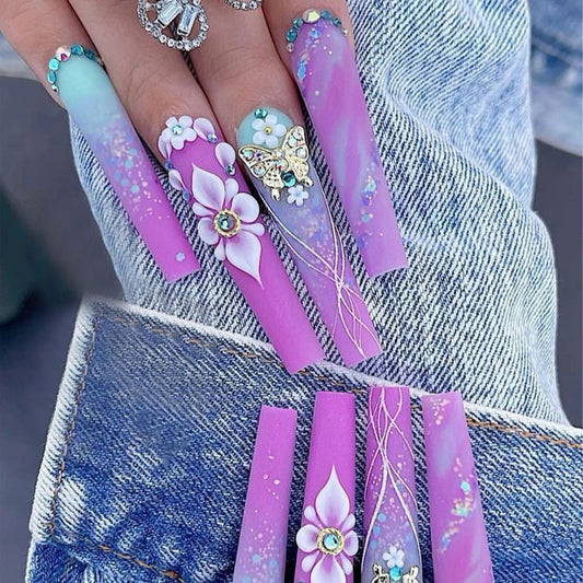 Floral Fantasy Long Coffin Press On Nail Set Pink and Blue with Gorgeous Butterfly and Flower Accents