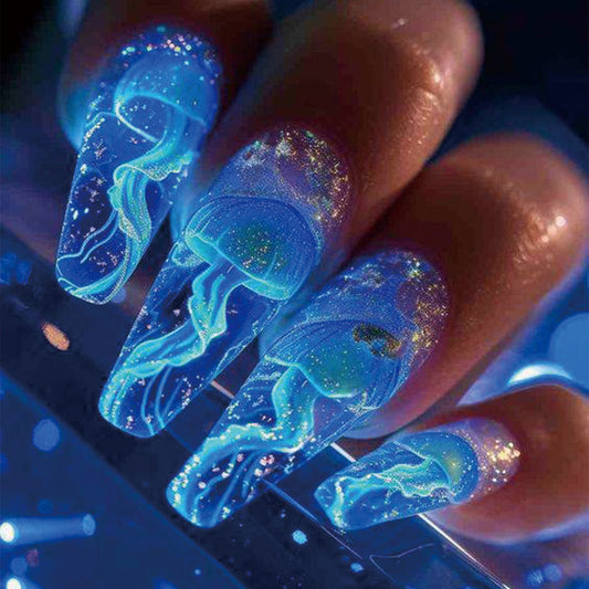 Underwater Bliss Long Coffin Blue Glow-in-the-Dark Press On Nail Set with Stunning Jellyfish Design