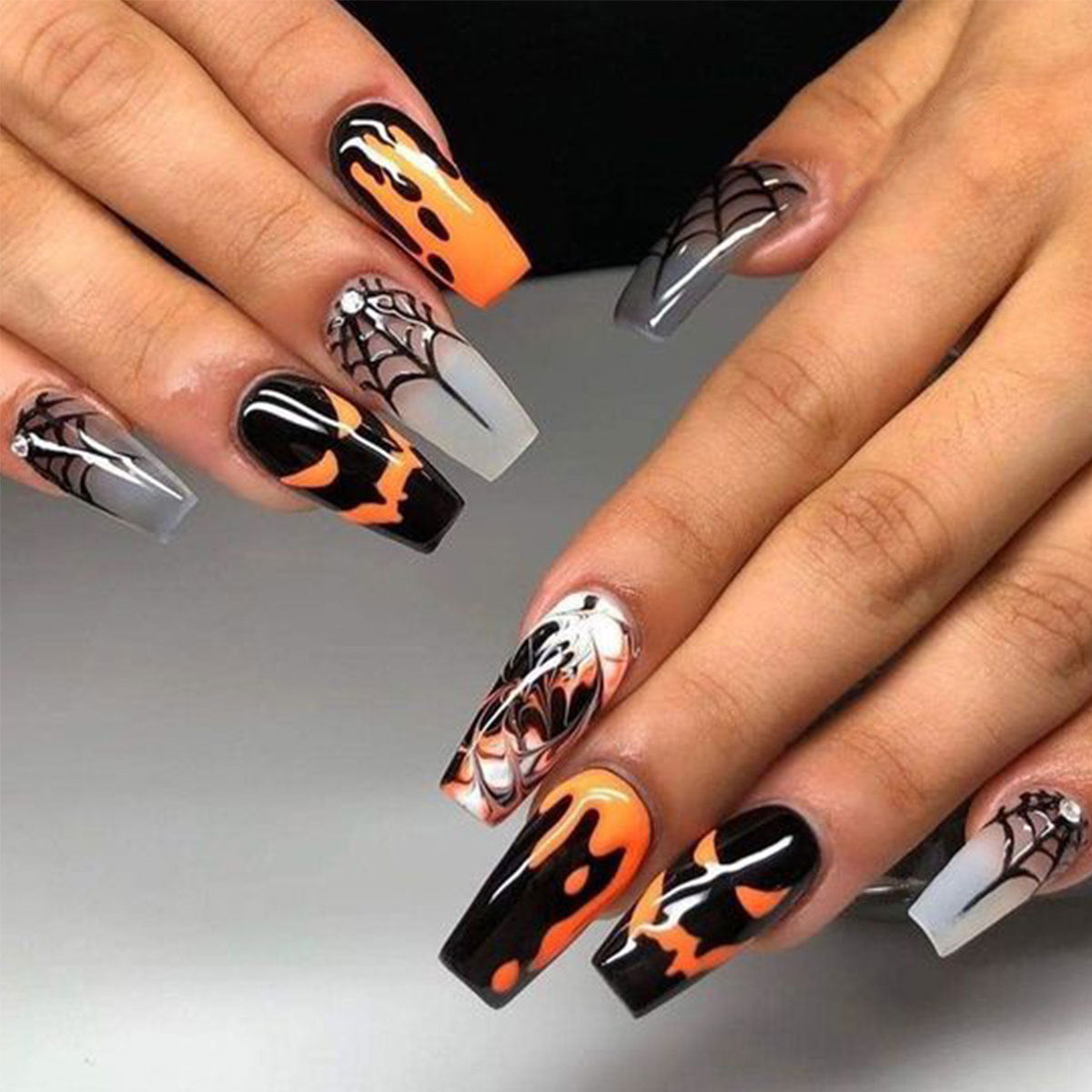 Spooky Halloween Themed Long Coffin Black Orange and Gray Gradient Press On Nail Set with Unique Spiderweb Design