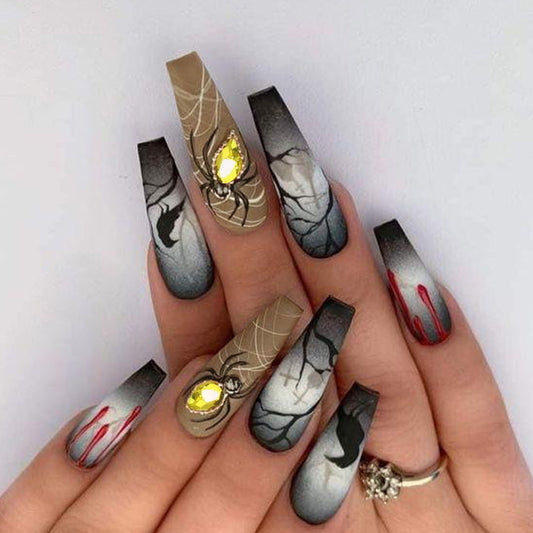 Haunting Elegance Long Coffin Matte Press On Nail Set Black and Grey with Spider Gemstone Accent and Blood Drip Design