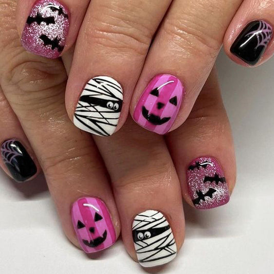 Spooky Halloween Short Square Pink Black and White Press On Nail Set with Fun Mummy and Pumpkin Designs