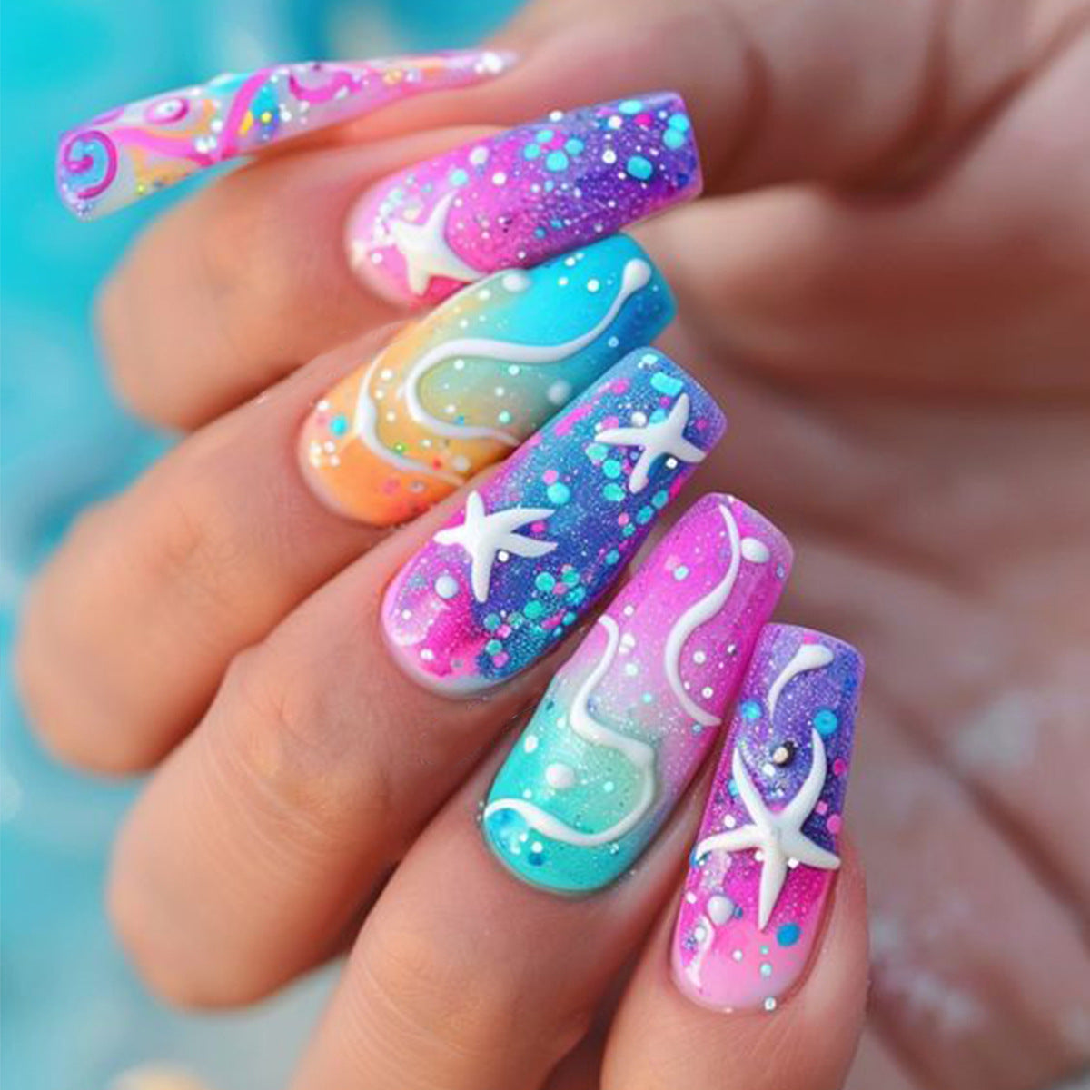 Ocean Breeze Long Coffin Press On Nail Set in Pastel Ombré with Starfish Accents