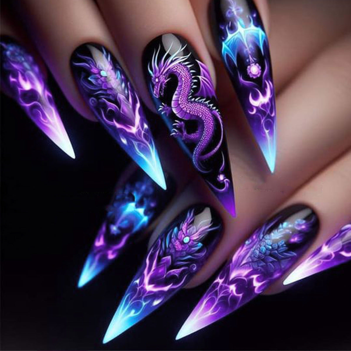 Mystical Dragon Inspired Long Stiletto Press On Nail Set in Black Purple and Blue with Flame and Dragon Art Design